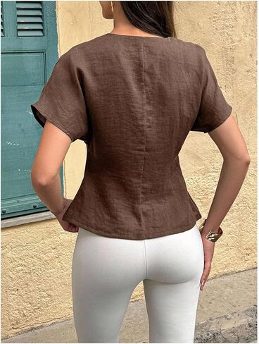 بلوزة نسائية من MakeMeChic برقبة على شكل حرف V عميقة وأزرار معدنية وأكمام قصيرة للعمل in Kuwait