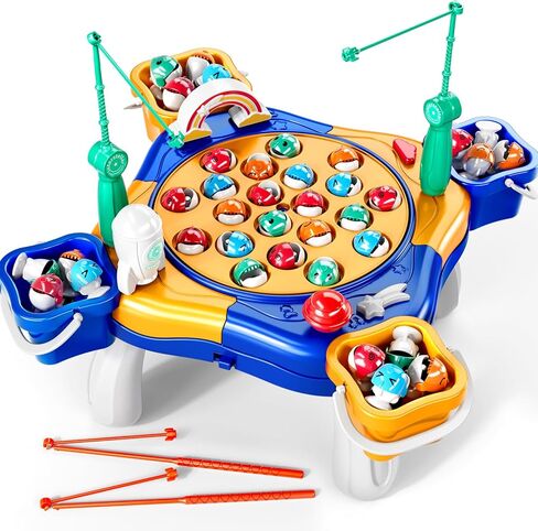 Magnet Fishing Game for Kids Toddlers Aged 3 4 5 6 7 8 - Fishing Toys with 48 Fishes Toys, 8 Poles, Rotating Board Game with On-Off Music, Educational Birthday Gifts for Boys Girls 1-3(Blue) in Kuwait