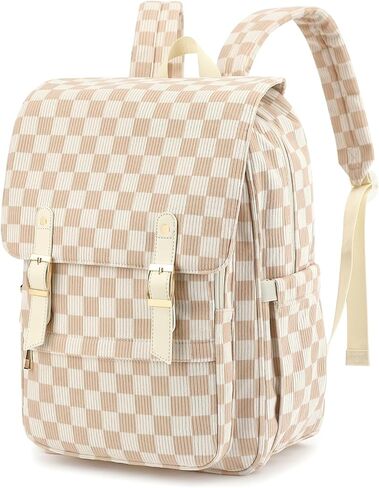 Corduroy Laptop Backpack for Women, Fits 15.6 Inch Computer Bag, College High School Bookbag Travel Daypack Purse, Work Business Bags - Corduroy Checkered Brown in Saudi Arabia