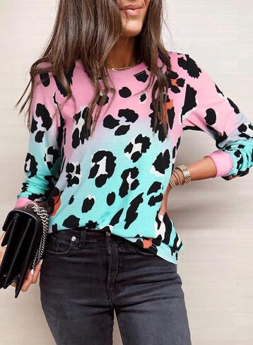 2025 Fall Animal Spotted Print Round Neck Long Sleeve Tunic Top in Saudi Arabia