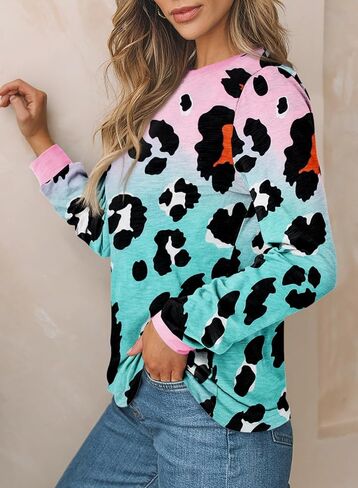 2025 Fall Animal Spotted Print Round Neck Long Sleeve Tunic Top in Saudi Arabia