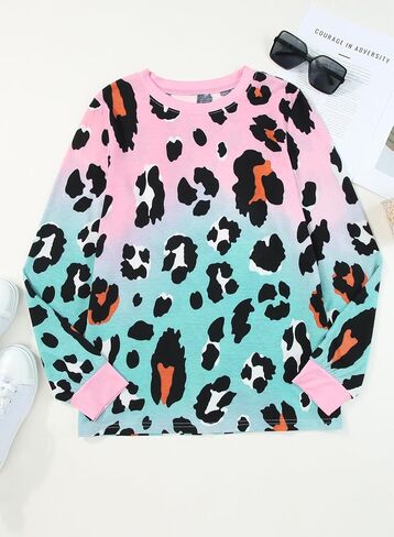 2025 Fall Animal Spotted Print Round Neck Long Sleeve Tunic Top in Saudi Arabia