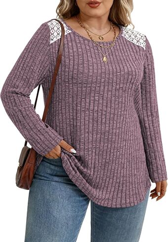 ROSRISS Plus-Size Sweaters for Women Casual Lace Ribbed Knit Pullover Tops Trendy Soft Long Sleeve Crew Neck Shirts XL-5XL in Saudi Arabia