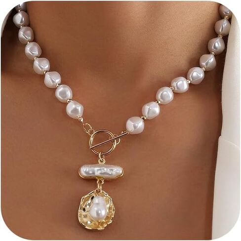 Beaded White Round Pearl Gold Shell Baroque Pearl Pendant Necklace for Women, Trendy Vintage OT Buckle Statement Choker Necklaces Y2K Party Prom Jewelry in Saudi Arabia