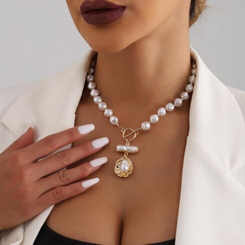 Beaded White Round Pearl Gold Shell Baroque Pearl Pendant Necklace for Women, Trendy Vintage OT Buckle Statement Choker Necklaces Y2K Party Prom Jewelry in Saudi Arabia
