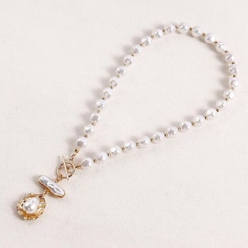 Beaded White Round Pearl Gold Shell Baroque Pearl Pendant Necklace for Women, Trendy Vintage OT Buckle Statement Choker Necklaces Y2K Party Prom Jewelry in Saudi Arabia