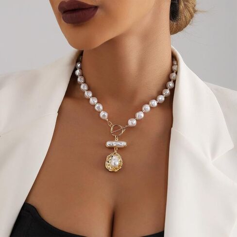 Beaded White Round Pearl Gold Shell Baroque Pearl Pendant Necklace for Women, Trendy Vintage OT Buckle Statement Choker Necklaces Y2K Party Prom Jewelry in Saudi Arabia