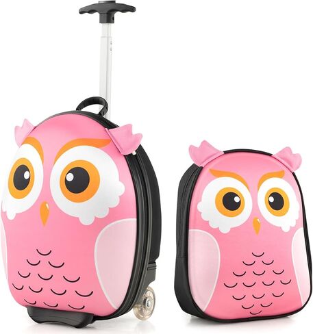 Goplus 2PC Kids Carry On Luggage Set, 16" Rolling Suitcase & 12" Backpack, Airline Approved Travel Trolley Luggage with Wheels for Toddlers Children Girls Boys (Owl) in Saudi Arabia