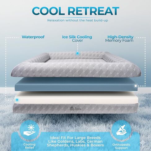 Large Cooling Orthopedic Dog Bed for Large Dogs - Ice Silk Cooling Cover, 5 Waterproof Liners, Non-Slip Bottom, Raised Bolsters, Machine Washable Dog Bed - Gray in Saudi Arabia