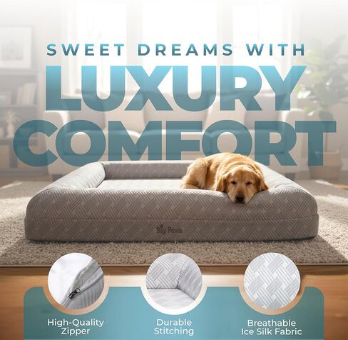 Large Cooling Orthopedic Dog Bed for Large Dogs - Ice Silk Cooling Cover, 5 Waterproof Liners, Non-Slip Bottom, Raised Bolsters, Machine Washable Dog Bed - Gray in Saudi Arabia