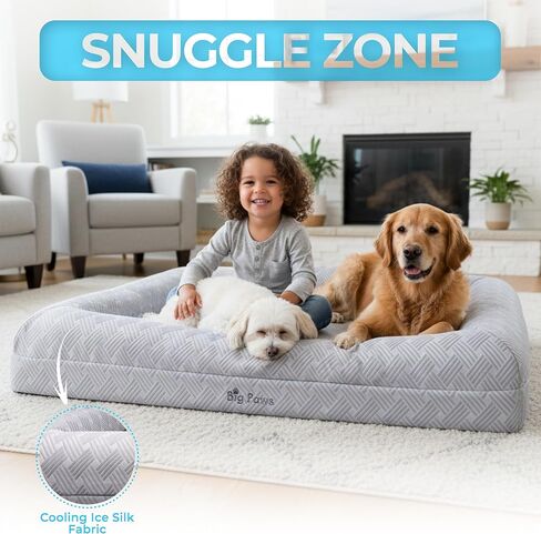 Large Cooling Orthopedic Dog Bed for Large Dogs - Ice Silk Cooling Cover, 5 Waterproof Liners, Non-Slip Bottom, Raised Bolsters, Machine Washable Dog Bed - Gray in Saudi Arabia
