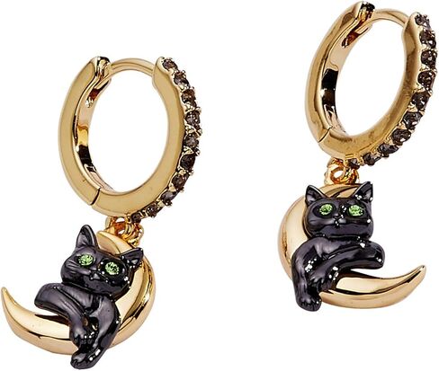 Alex and Ani Celestial Cat Huggie Earring - Whimsical Jewelry for Women, Black Cat Charm on Golden Crescent Moon, Two-Tone Nickle-Free, Ideal gift for Women in Saudi Arabia