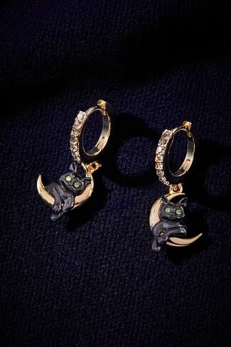 Alex and Ani Celestial Cat Huggie Earring - Whimsical Jewelry for Women, Black Cat Charm on Golden Crescent Moon, Two-Tone Nickle-Free, Ideal gift for Women in Saudi Arabia