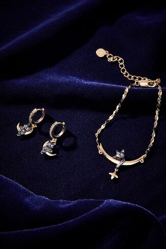 Alex and Ani Celestial Cat Huggie Earring - Whimsical Jewelry for Women, Black Cat Charm on Golden Crescent Moon, Two-Tone Nickle-Free, Ideal gift for Women in Saudi Arabia