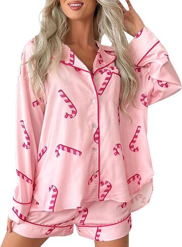 Springcmy Women 2Pcs Silk Christmas Pajamas Set Floral Long Sleeve Button Up Shirt Ruffle Shorts Pjs Sets Loungewear in Kuwait