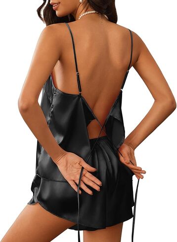 Ekouaer Womens Satin Pajamas Set Tie Back Silk Pjs Adjustable Lingerie Cami Top and Shorts Nightwear Sets in Saudi Arabia