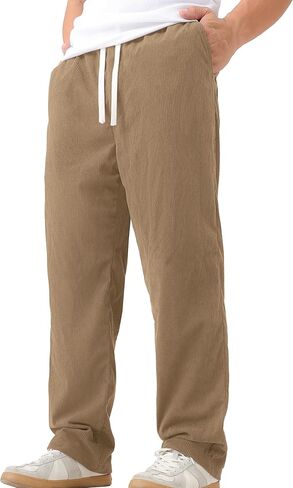 Mens Casual Corduroy Pants Lightweight Elastic Waist Drawstring Pants Straight Baggy Pants with Pockets in Saudi Arabia