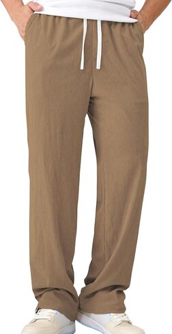 Mens Casual Corduroy Pants Lightweight Elastic Waist Drawstring Pants Straight Baggy Pants with Pockets in Saudi Arabia