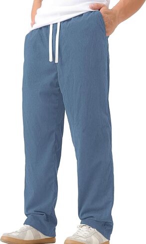 Mens Casual Corduroy Pants Lightweight Elastic Waist Drawstring Pants Straight Baggy Pants with Pockets in Saudi Arabia