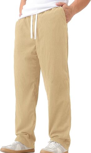 Mens Casual Corduroy Pants Lightweight Elastic Waist Drawstring Pants Straight Baggy Pants with Pockets in Saudi Arabia