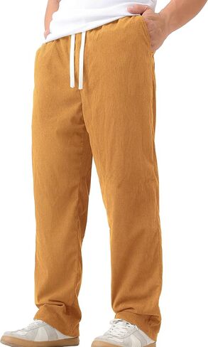 Mens Casual Corduroy Pants Lightweight Elastic Waist Drawstring Pants Straight Baggy Pants with Pockets in Saudi Arabia