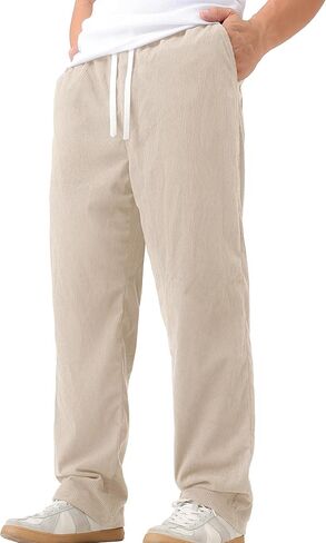 Mens Casual Corduroy Pants Lightweight Elastic Waist Drawstring Pants Straight Baggy Pants with Pockets in Saudi Arabia