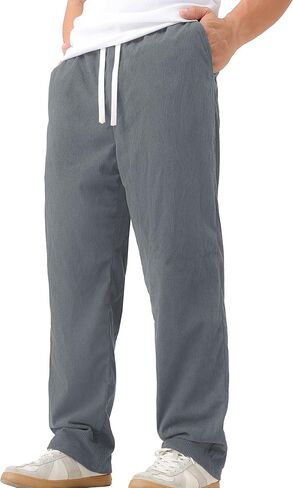 Mens Casual Corduroy Pants Lightweight Elastic Waist Drawstring Pants Straight Baggy Pants with Pockets in Saudi Arabia