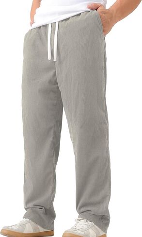 Mens Casual Corduroy Pants Lightweight Elastic Waist Drawstring Pants Straight Baggy Pants with Pockets in Saudi Arabia
