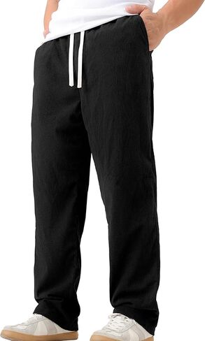 Mens Casual Corduroy Pants Lightweight Elastic Waist Drawstring Pants Straight Baggy Pants with Pockets in Saudi Arabia