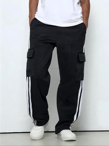 Men's Straight Leg Cargo Pants with Side Stripes, Drawstring & Pockets, Casual Joggers for Athletic Style Blac in Saudi Arabia