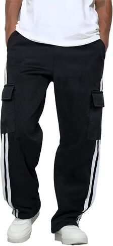 Men's Straight Leg Cargo Pants with Side Stripes, Drawstring & Pockets, Casual Joggers for Athletic Style Blac in Saudi Arabia