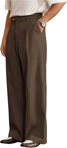 OYOANGLE Men's Pleated Dress Pants Zipper Fly Straight Leg Business Work Office Slacks Trousers with Pocket in Saudi Arabia