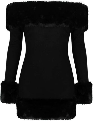 Women's Off Shoulder Long Sleeve Dress with Faux Fur Trim Bodycon Mini Pencil Dress for Party Cocktail Evening in Saudi Arabia