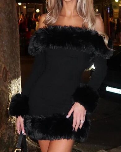 Women's Off Shoulder Long Sleeve Dress with Faux Fur Trim Bodycon Mini Pencil Dress for Party Cocktail Evening in Saudi Arabia