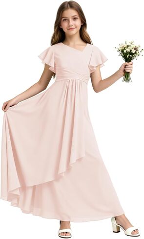 Chiffon Junior Bridesmaid Dresses Long V Neck Flower Girl Dress Short Sleeves Formal Party Gowns for Girl in Saudi Arabia