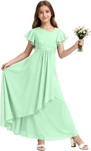 Chiffon Junior Bridesmaid Dresses Long V Neck Flower Girl Dress Short Sleeves Formal Party Gowns for Girl in Saudi Arabia