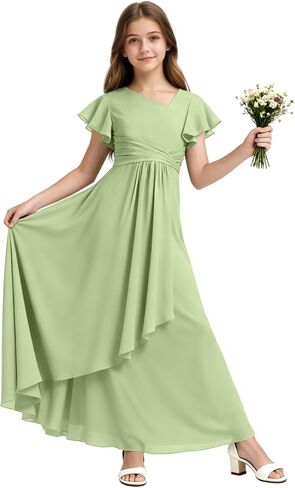 Chiffon Junior Bridesmaid Dresses Long V Neck Flower Girl Dress Short Sleeves Formal Party Gowns for Girl in Saudi Arabia