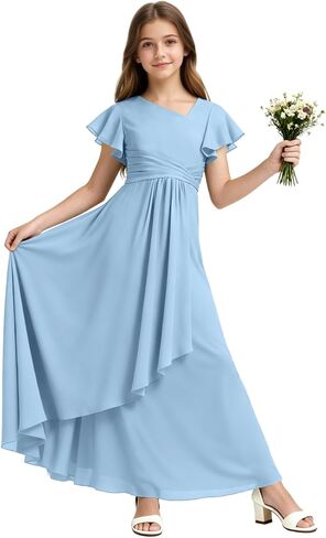Chiffon Junior Bridesmaid Dresses Long V Neck Flower Girl Dress Short Sleeves Formal Party Gowns for Girl in Saudi Arabia