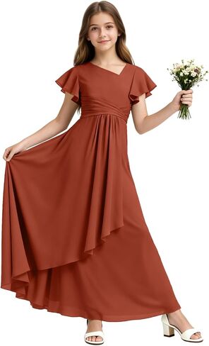 Chiffon Junior Bridesmaid Dresses Long V Neck Flower Girl Dress Short Sleeves Formal Party Gowns for Girl in Saudi Arabia