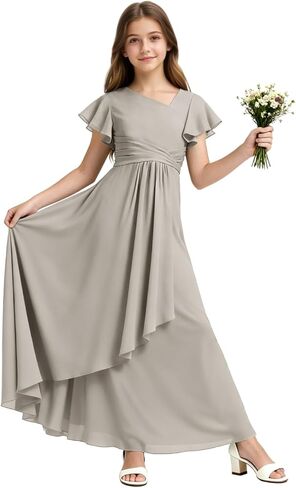 Chiffon Junior Bridesmaid Dresses Long V Neck Flower Girl Dress Short Sleeves Formal Party Gowns for Girl in Saudi Arabia