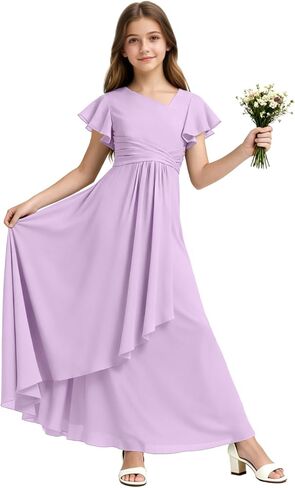 Chiffon Junior Bridesmaid Dresses Long V Neck Flower Girl Dress Short Sleeves Formal Party Gowns for Girl in Saudi Arabia