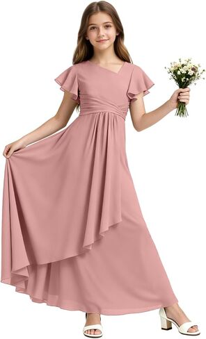 Chiffon Junior Bridesmaid Dresses Long V Neck Flower Girl Dress Short Sleeves Formal Party Gowns for Girl in Saudi Arabia