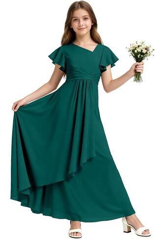 Chiffon Junior Bridesmaid Dresses Long V Neck Flower Girl Dress Short Sleeves Formal Party Gowns for Girl in Saudi Arabia
