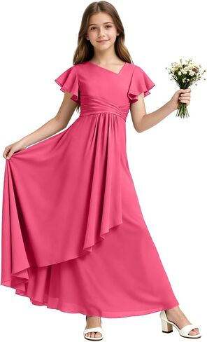 Chiffon Junior Bridesmaid Dresses Long V Neck Flower Girl Dress Short Sleeves Formal Party Gowns for Girl in Saudi Arabia