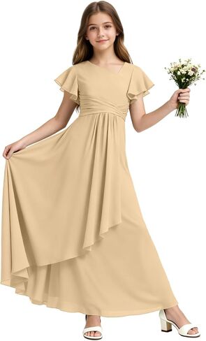 Chiffon Junior Bridesmaid Dresses Long V Neck Flower Girl Dress Short Sleeves Formal Party Gowns for Girl in Saudi Arabia