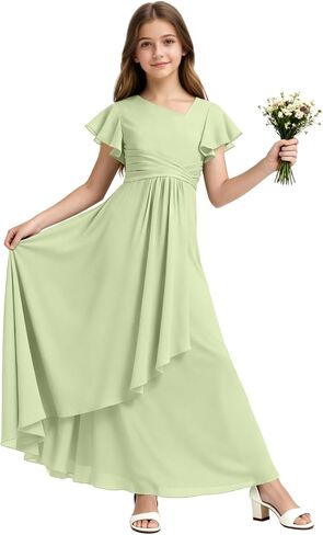Chiffon Junior Bridesmaid Dresses Long V Neck Flower Girl Dress Short Sleeves Formal Party Gowns for Girl in Saudi Arabia