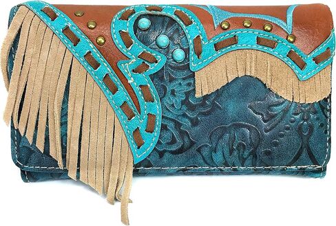 Zelris Women Crossbody Wallet Turquoise Concho Suede Fringe Two Tone Cowgirl Trifold Open in Saudi Arabia