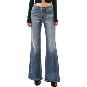 بنطال جينز نسائي بخصر عالٍ وواسع من الأسفل من قماش الدنيم مع تحكم في البطن وقابل للتمدد عصري 2025 in Kuwait