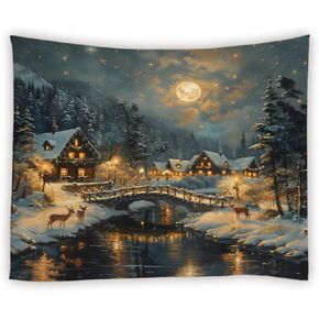 Winter Tapestry Rustic Cabin Deer Misty Snowy Forest Pine Tree Mountain Full Moon Snowflake River Merry Christmas Tapestries Wall Hanging for Bedroom Living Room Dorm Background Cloth,90Wx70LInch in Saudi Arabia