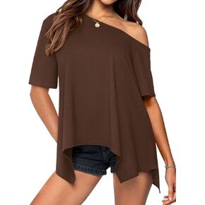 PRETTYGARDEN Off The Shoulder Tops for Women Trendy 2026 Spring Summer Casual Short Sleeve Asymmetrical Oversized Tee Tshirts in Saudi Arabia